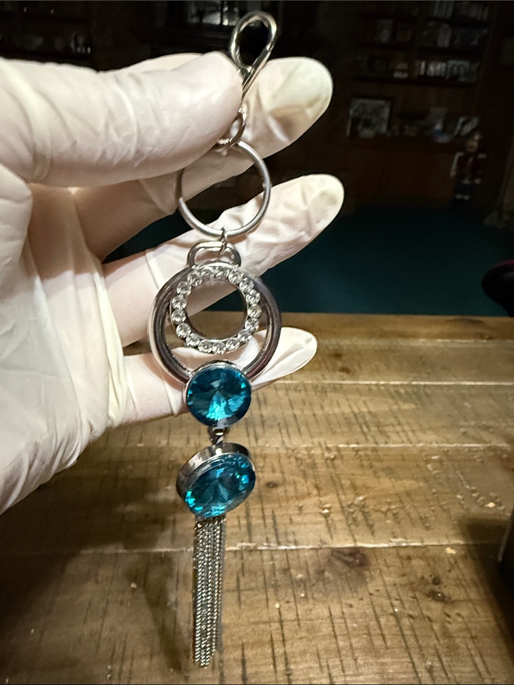 Teal Crystal Tassel Keychain Charm - Silver Hardware